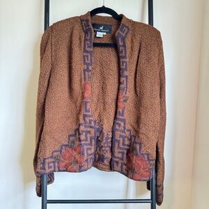 Peruvian Connection Brown and Purple Cardigan with Geometric Trim